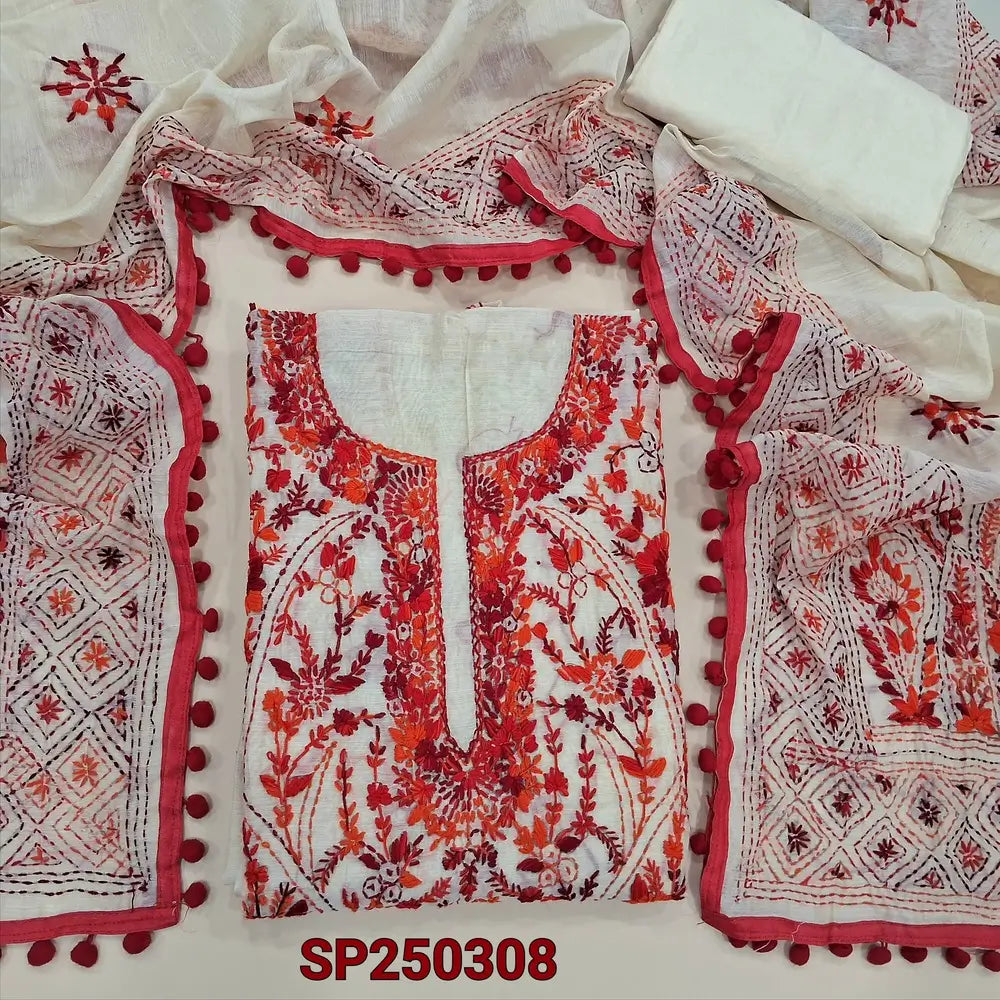 Light beige designer premium silk cotton unstitched salwar material, heavy hand embroidery on front(lining needed)matching santoon bottom, rich hand embroidered premium silk cotton dupatta with pompom tapings. CODE SP250308