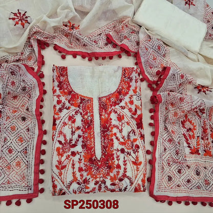 Light beige designer premium silk cotton unstitched salwar material, heavy hand embroidery on front(lining needed)matching santoon bottom, rich hand embroidered premium silk cotton dupatta with pompom tapings. CODE SP250308