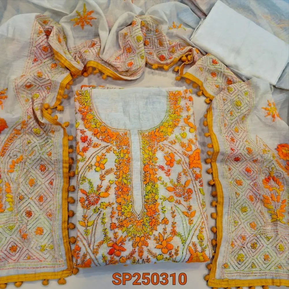 Light beige designer premium silk cotton unstitched salwar material, heavy hand embroidery on front(lining needed)matching santoon bottom, rich hand embroidered premium silk cotton dupatta with pompom tapings. CODE SP250310