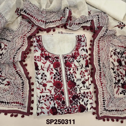 Light beige designer premium silk cotton unstitched salwar material, heavy hand embroidery on front(lining needed)matching santoon bottom, rich hand embroidered premium silk cotton dupatta with pompom tapings. CODE SP250311