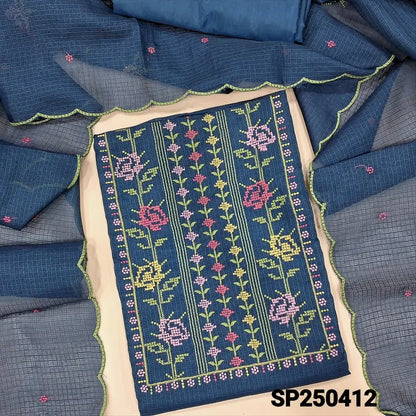 Dark blue fancy kota silk cotton unstitched salwar material, cross stitch embroidery on yoke(lining needed)matching silky fabric provided for both bottom& lining, embroidered fancy kota silk cotton dupatta with scallop edges. CODE SP250412
