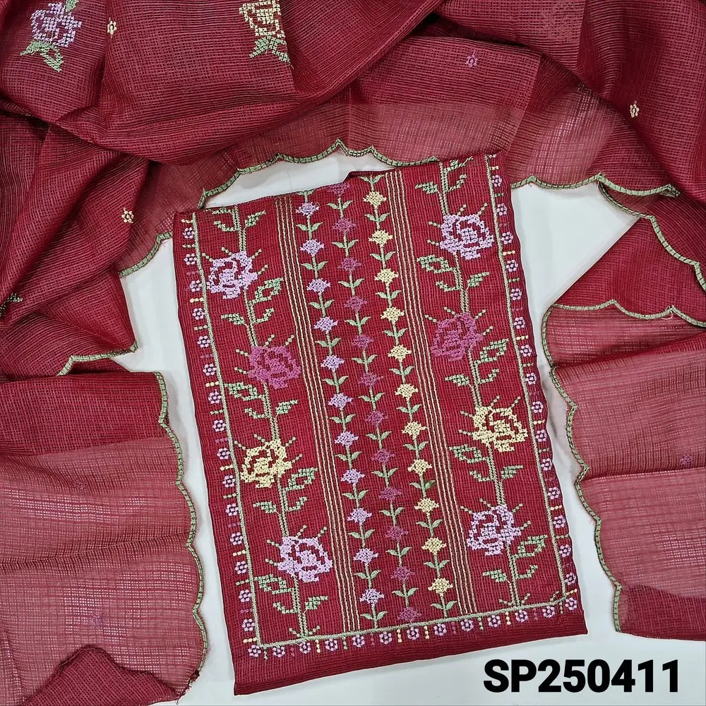 Dark maroon fancy kota silk cotton unstitched salwar material, cross stitch embroidery on yoke(lining needed)matching silky fabric provided for both bottom& lining, embroidered fancy kota silk cotton dupatta with scallop edges. CODE SP250411