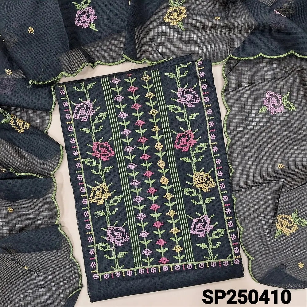 Black fancy kota silk cotton unstitched salwar material, cross stitch embroidery on yoke(lining needed)matching silky fabric provided for both bottom& lining, embroidered fancy kota silk cotton dupatta with scallop edges. CODE SP250410