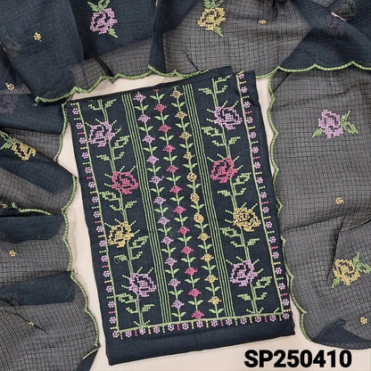 Black fancy kota silk cotton unstitched salwar material, cross stitch embroidery on yoke(lining needed)matching silky fabric provided for both bottom& lining, embroidered fancy kota silk cotton dupatta with scallop edges. CODE SP250410