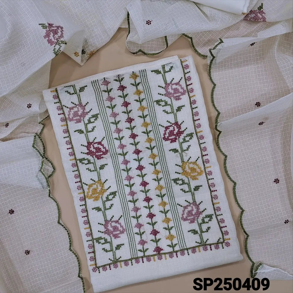 Half white fancy kota silk cotton unstitched salwar material, cross stitch embroidery on yoke(lining needed)matching silky fabric provided for both bottom& lining, embroidered fancy kota silk cotton dupatta with scallop edges. CODE SP250409
