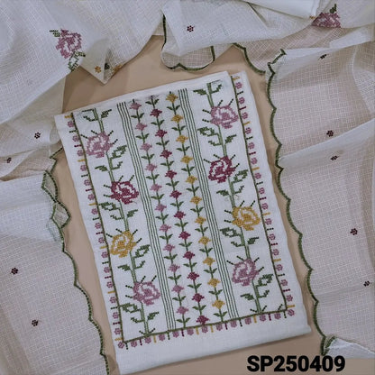 Half white fancy kota silk cotton unstitched salwar material, cross stitch embroidery on yoke(lining needed)matching silky fabric provided for both bottom& lining, embroidered fancy kota silk cotton dupatta with scallop edges. CODE SP250409