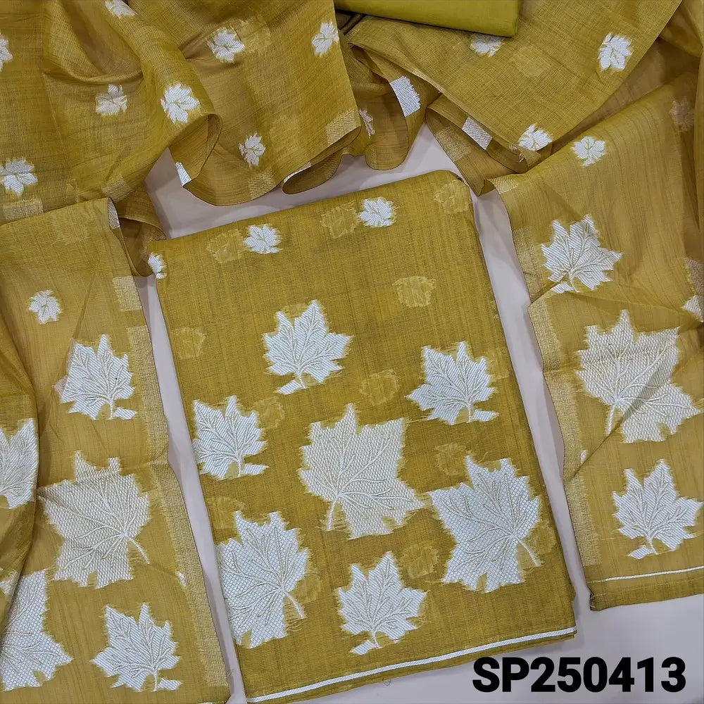 Mehandhi yellow silk cotton unstitched salwar material, thread waving design on front(thin, lining needed)matching matching silky bottom, silk cotton dupatta with rich thread weaving design. CODE SP250413