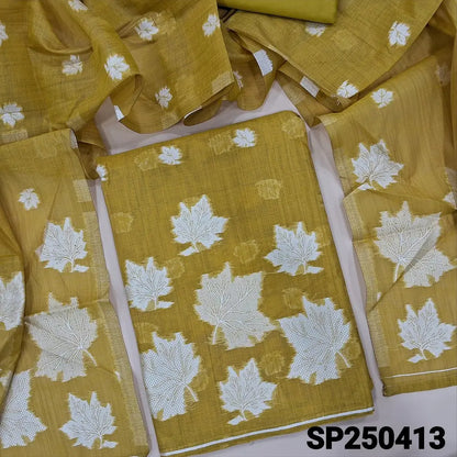 Mehandhi yellow silk cotton unstitched salwar material, thread waving design on front(thin, lining needed)matching matching silky bottom, silk cotton dupatta with rich thread weaving design. CODE SP250413