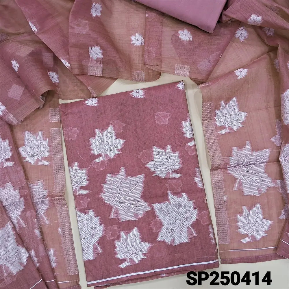 Dark onion pink silk cotton unstitched salwar material, thread waving design on front(thin, lining needed)matching matching silky bottom, silk cotton dupatta with rich thread weaving design. CODE SP250414