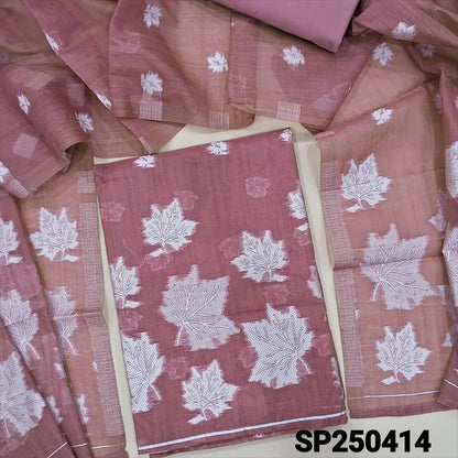 Dark onion pink silk cotton unstitched salwar material, thread waving design on front(thin, lining needed)matching matching silky bottom, silk cotton dupatta with rich thread weaving design. CODE SP250414