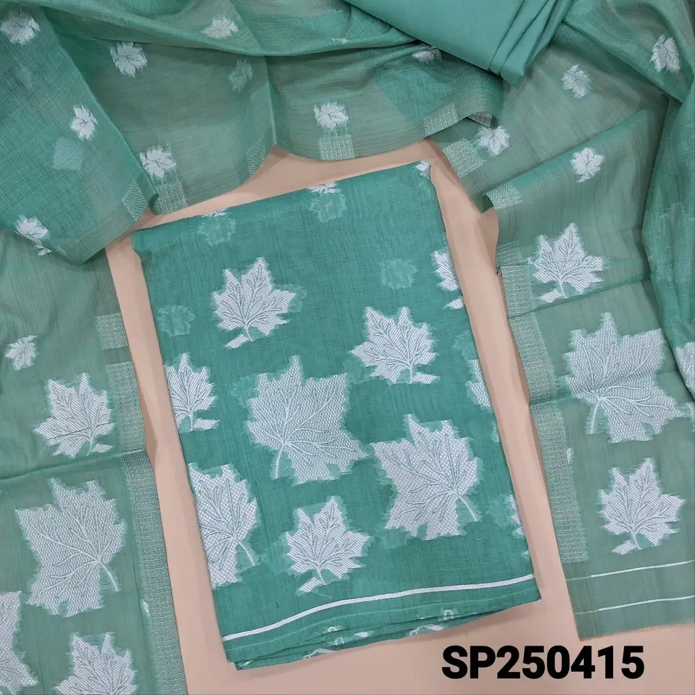 Pastel blue silk cotton unstitched salwar material, thread waving design on front(thin, lining needed)matching matching silky bottom, silk cotton dupatta with rich thread weaving design. CODE SP250415