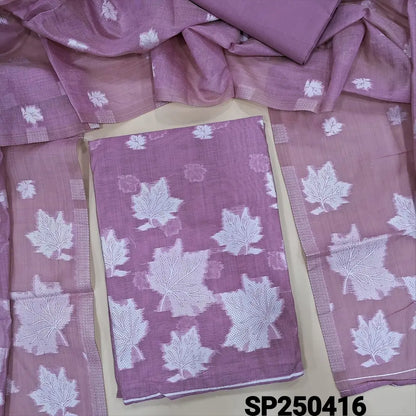 Light purple silk cotton unstitched salwar material, thread waving design on front(thin, lining needed)matching matching silky bottom, silk cotton dupatta with rich thread weaving design. CODE SP250416