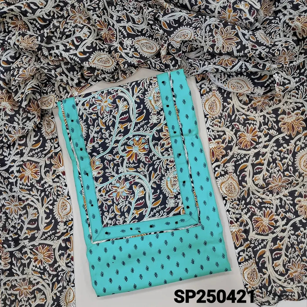 Pastel blue printed pure cotton unstitched salwar material, kalamkari yoke patch with faux mirror work(lining optional)kalamkari printed pure cotton bottom, kalamkari printed pure mul cotton dupatta. CODE SP250421