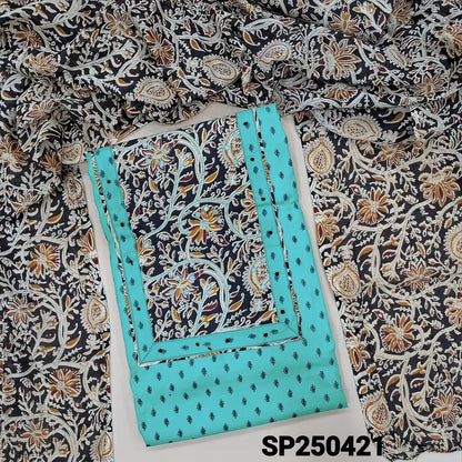 Pastel blue printed pure cotton unstitched salwar material, kalamkari yoke patch with faux mirror work(lining optional)kalamkari printed pure cotton bottom, kalamkari printed pure mul cotton dupatta. CODE SP250421