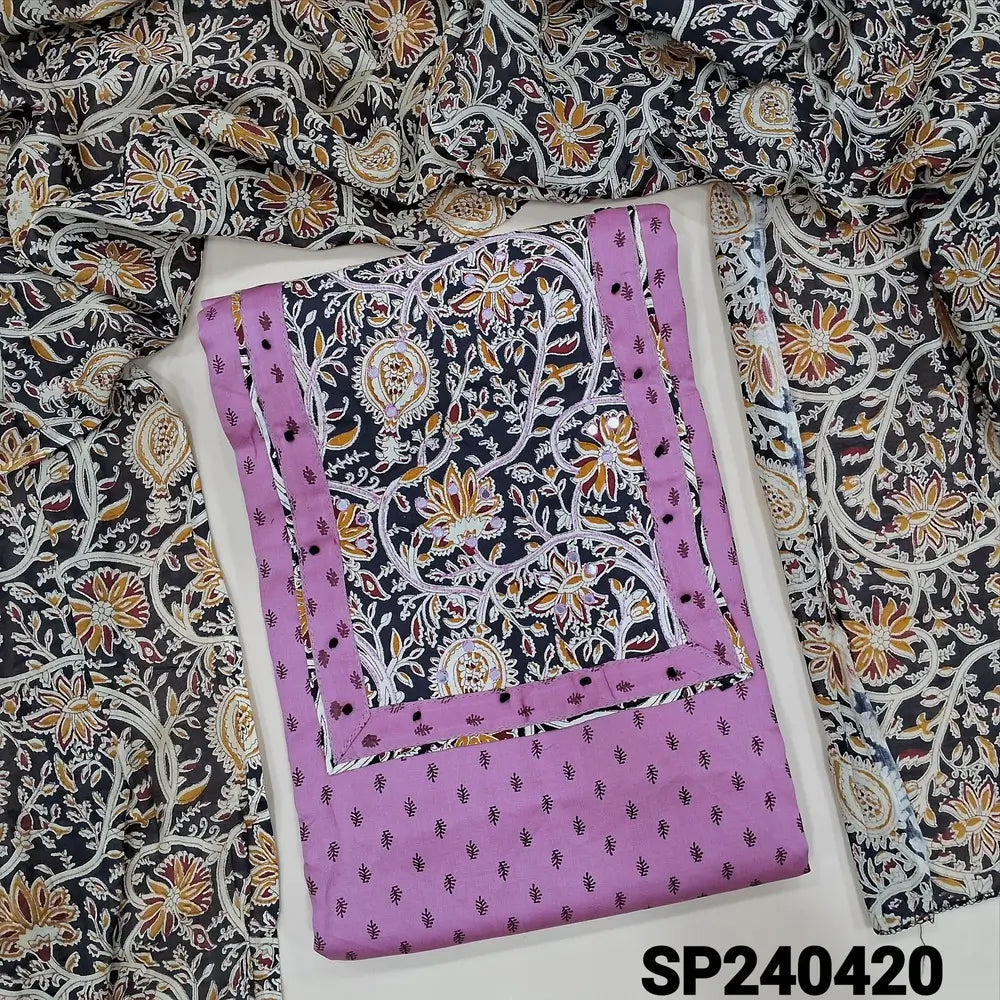 Light purple printed pure cotton unstitched salwar material, kalamkari yoke patch with faux mirror work(lining optional)kalamkari printed pure cotton bottom, kalamkari printed pure mul cotton dupatta. CODE SP250420