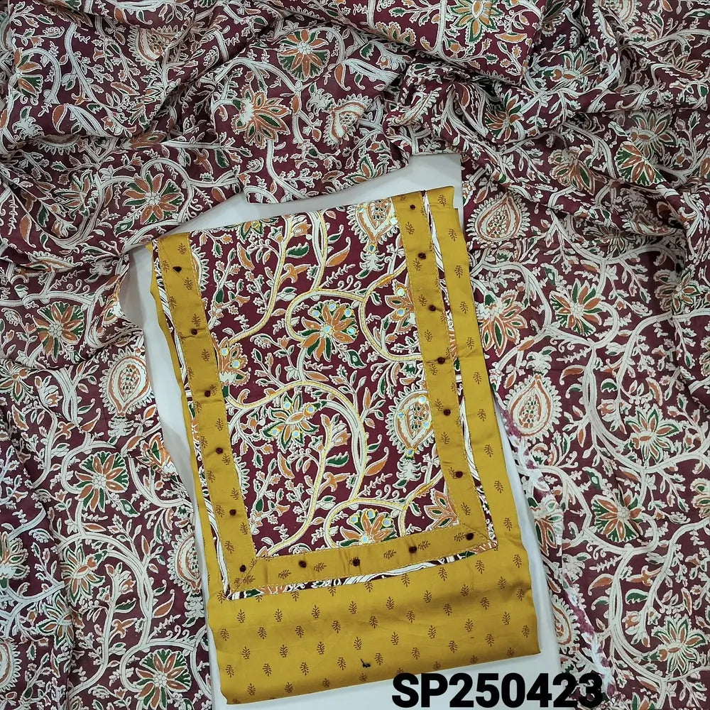 Mehandhi yellow printed pure cotton unstitched salwar material, kalamkari yoke patch with faux mirror work(lining optional)kalamkari printed pure cotton bottom, kalamkari printed pure mul cotton dupatta. CODE SP250423