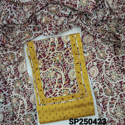 Mehandhi yellow printed pure cotton unstitched salwar material, kalamkari yoke patch with faux mirror work(lining optional)kalamkari printed pure cotton bottom, kalamkari printed pure mul cotton dupatta. CODE SP250423