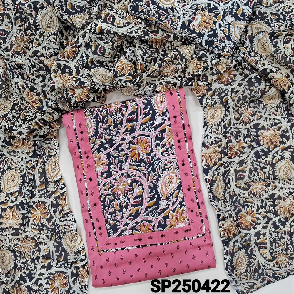 Pink printed pure cotton unstitched salwar material, kalamkari yoke patch with faux mirror work(lining optional)kalamkari printed pure cotton bottom, kalamkari printed pure mul cotton dupatta. CODE SP250422
