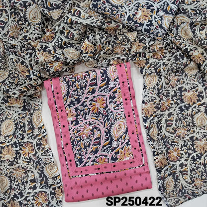 Pink printed pure cotton unstitched salwar material, kalamkari yoke patch with faux mirror work(lining optional)kalamkari printed pure cotton bottom, kalamkari printed pure mul cotton dupatta. CODE SP250422