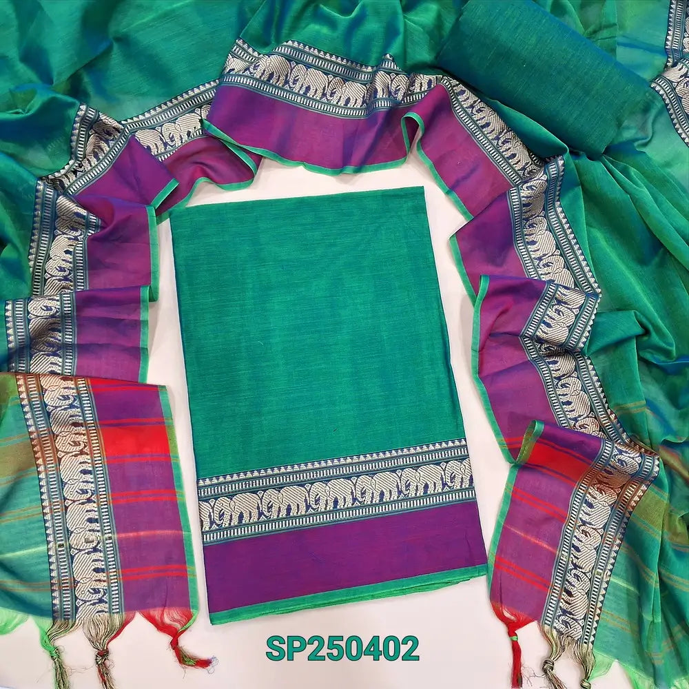Turquoise green &purple dual shaded Dharwad mercerized handloom cotton unstitched salwar material, thread weaving design on daman(lining needed)handloom cotton bottom, Dharwad mercerized handloom cotton dupatta with borders. CODE SP250402
