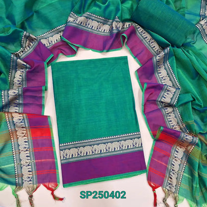 Turquoise green &purple dual shaded Dharwad mercerized handloom cotton unstitched salwar material, thread weaving design on daman(lining needed)handloom cotton bottom, Dharwad mercerized handloom cotton dupatta with borders. CODE SP250402