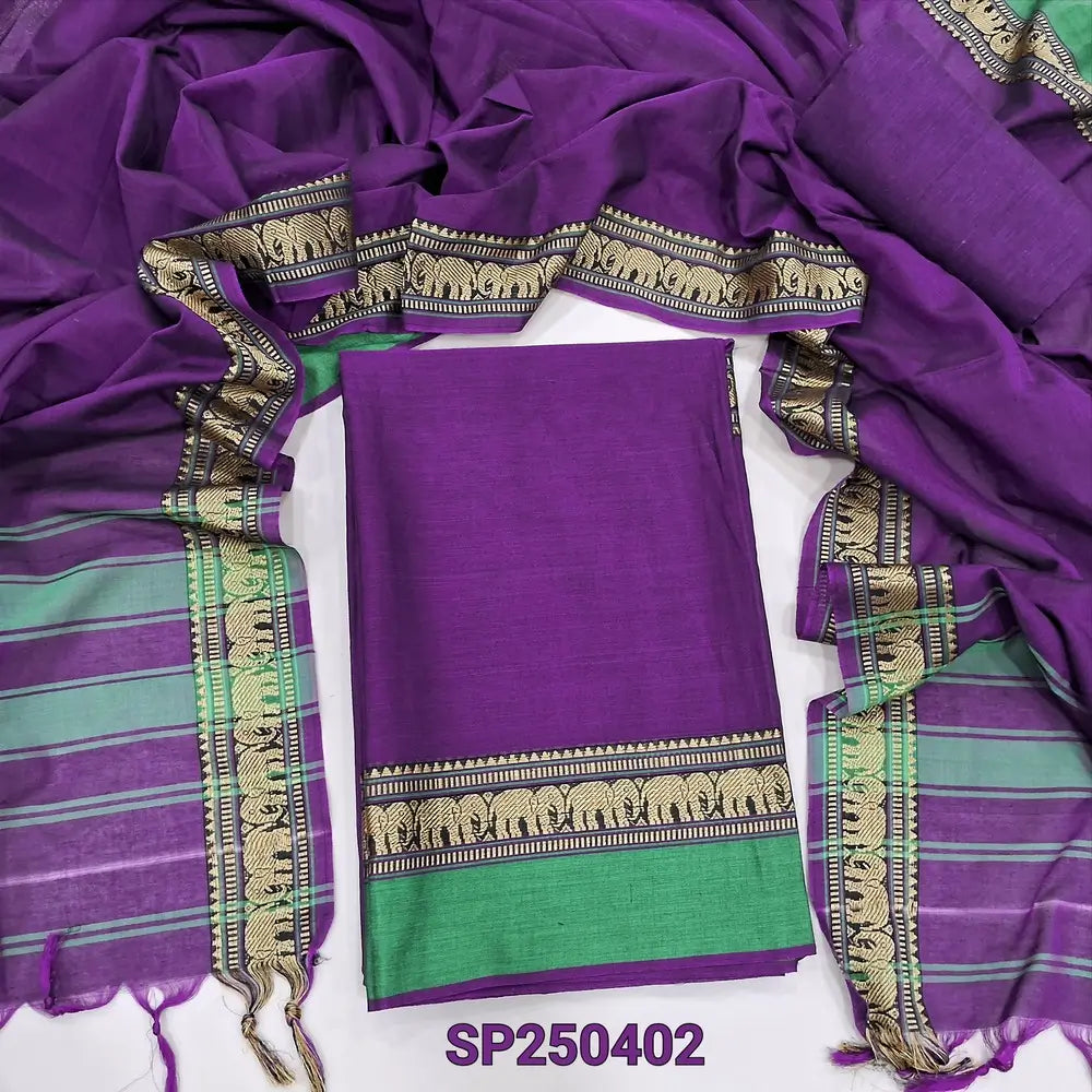 PREORDER Dark purple Dharwad mercerized handloom cotton unstitched salwar material, thread weaving design on daman(lining needed)matching handloom cotton bottom, Dharwad mercerized handloom cotton dupatta with borders. CODE SP250401