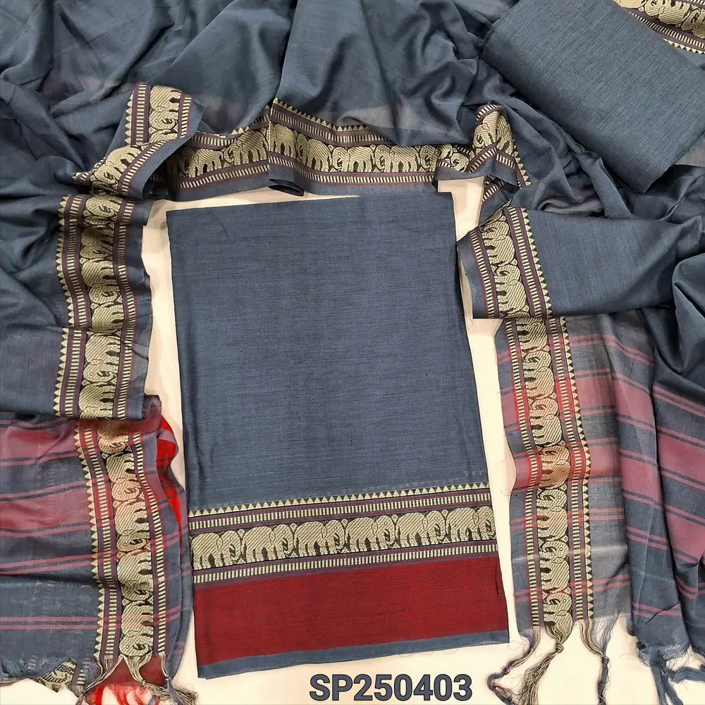 Dark grey Dharwad mercerized handloom cotton unstitched salwar material, thread weaving design on daman(lining needed)matching handloom cotton bottom, Dharwad mercerized handloom cotton dupatta with borders. CODE SP250403