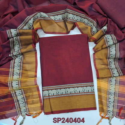 PRE ORDER Maroon Dharwad mercerized handloom cotton unstitched salwar material, thread weaving design on daman(lining needed)matching handloom cotton bottom, Dharwad mercerized handloom cotton dupatta with borders. CODE SP250404