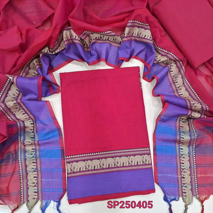 Bright pink Dharwad mercerized handloom cotton unstitched salwar material, thread weaving design on daman(lining needed)matching handloom cotton bottom, Dharwad mercerized handloom cotton dupatta with borders. CODE SP250405