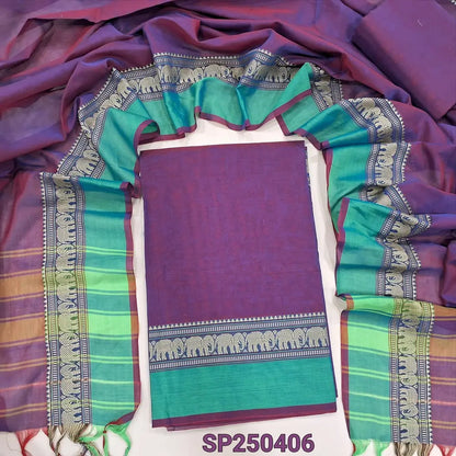 Light purple with blue tint Dharwad mercerized handloom cotton unstitched salwar material, thread weaving design on daman(lining needed)matching handloom cotton bottom, Dharwad mercerized handloom cotton dupatta with borders. CODE SP250406