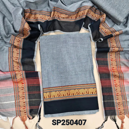 Silver grey Dharwad mercerized handloom cotton unstitched salwar material, thread weaving design on daman(lining needed)matching handloom cotton bottom, Dharwad mercerized handloom cotton dupatta with borders. CODE SP250407