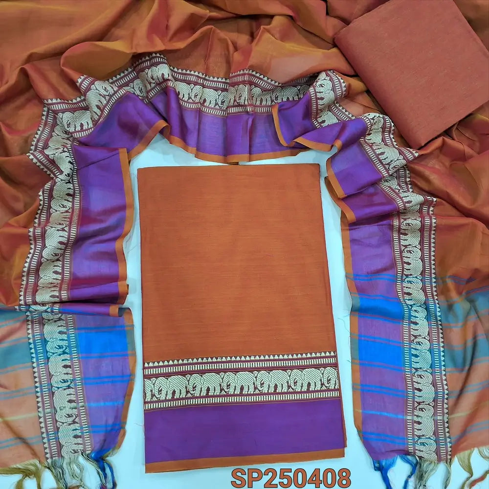 Honey brown Dharwad mercerized handloom cotton unstitched salwar material, thread weaving design on daman(lining needed)matching handloom cotton bottom, Dharwad mercerized handloom cotton dupatta with borders. CODE SP250408