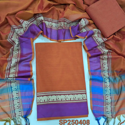 Honey brown Dharwad mercerized handloom cotton unstitched salwar material, thread weaving design on daman(lining needed)matching handloom cotton bottom, Dharwad mercerized handloom cotton dupatta with borders. CODE SP250408