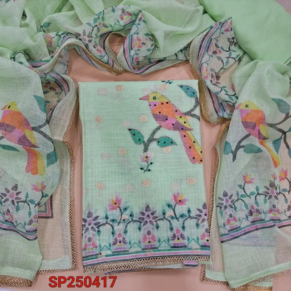 Sea green printed kota unstitched salwar material, zari& sequins work on yoke& front, zari buttas all over(thin, lining needed)matching santoon bottom, printed kota dupatta with lace tapings. CODE SP250417