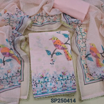 Pastel pink printed kota unstitched salwar material, zari& sequins work on yoke& front, zari buttas all over(thin, lining needed)matching santoon bottom, printed kota dupatta with lace tapings. CODE SP250418