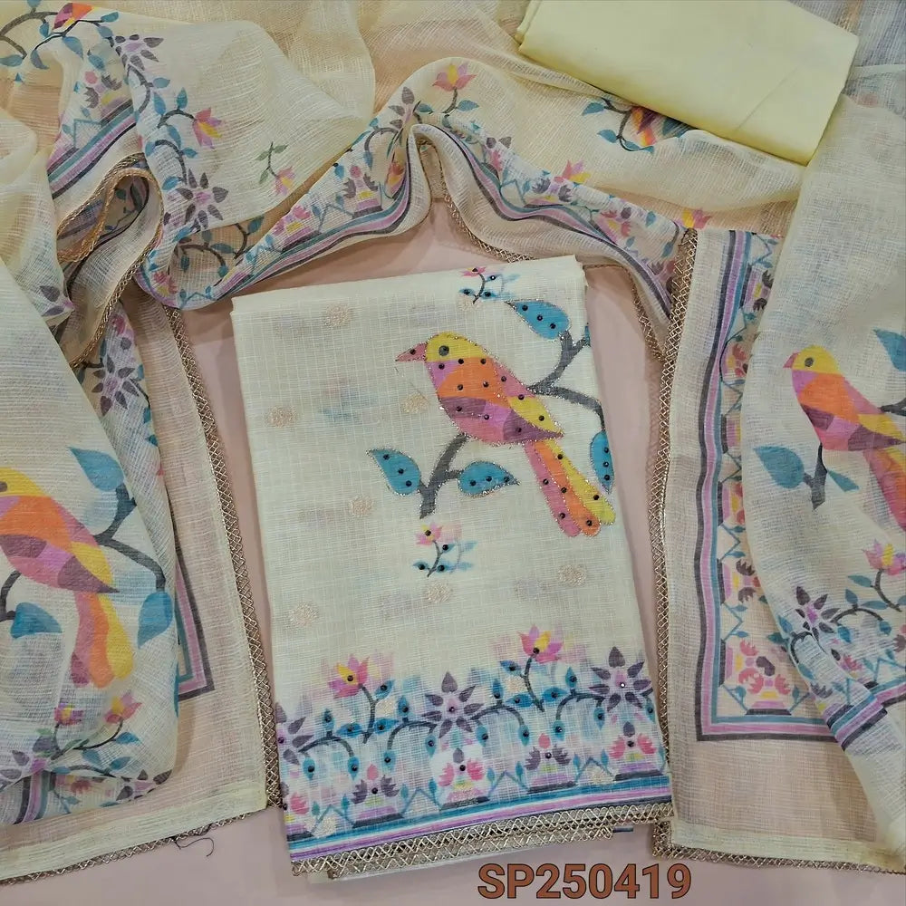 Light yellow printed kota unstitched salwar material, zari& sequins work on yoke& front, zari buttas all over(thin, lining needed)matching santoon bottom, printed kota dupatta with lace tapings. CODE SP250419