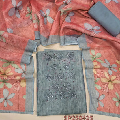 Grey tissue silk cotton unstitched salwar material, rich bead work on yoke, floral printed daman(thin, lining needed)matching silky bottom, floral printed tissue silk cotton dupatta. CODE SP250425
