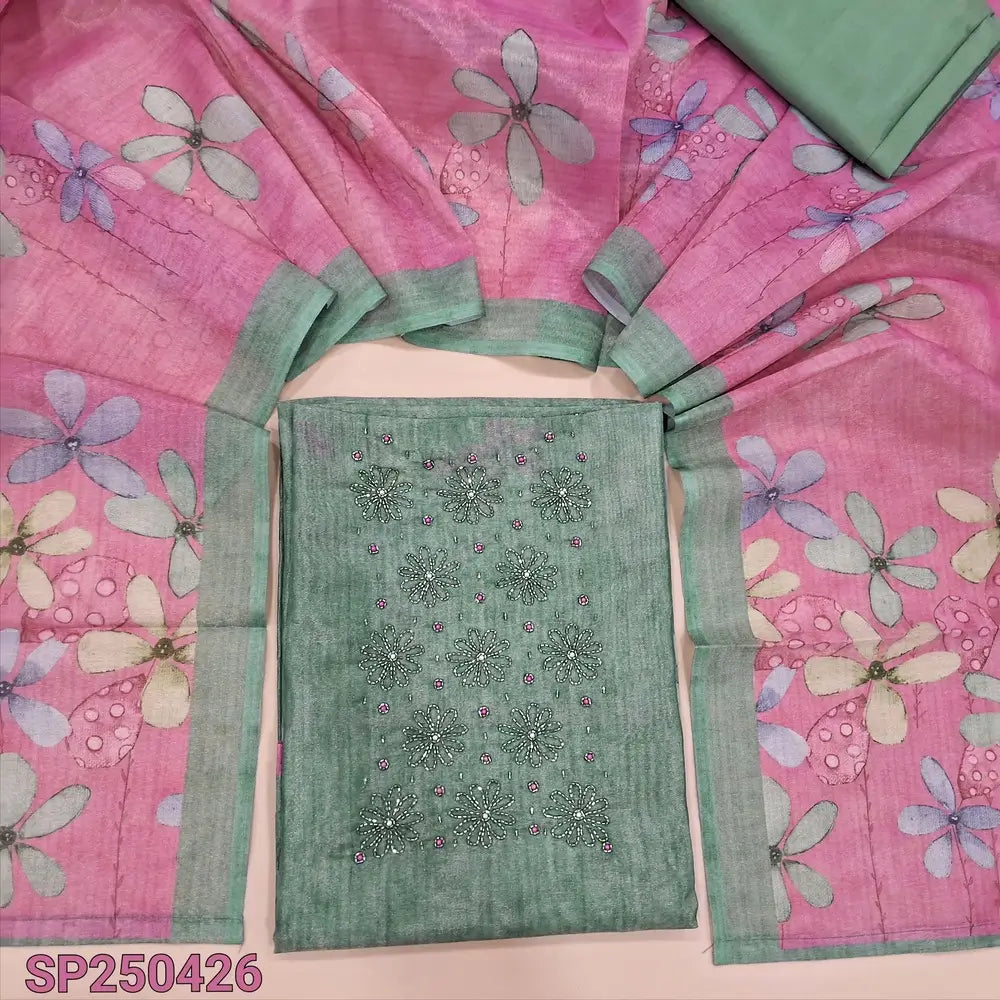 Sage green tissue silk cotton unstitched salwar material, rich bead work on yoke, floral printed daman(thin, lining needed)matching silky bottom, floral printed tissue silk cotton dupatta. CODE SP250426