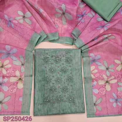 Sage green tissue silk cotton unstitched salwar material, rich bead work on yoke, floral printed daman(thin, lining needed)matching silky bottom, floral printed tissue silk cotton dupatta. CODE SP250426