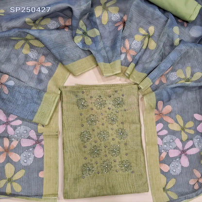 Light olive green tissue silk cotton unstitched salwar material, rich bead work on yoke, floral printed daman(thin, lining needed)matching silky bottom, floral printed tissue silk cotton dupatta. CODE SP250427