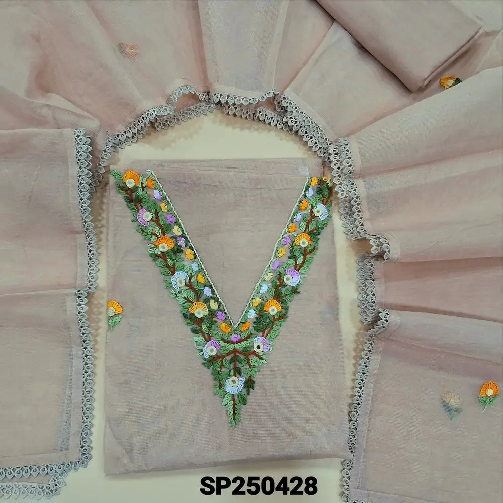 Light chocolate brown super net unstitched salwar material, v neck hand embroidery on yoke& front(lining needed)matching lining provided, NO BOTTOM, hand embroidered premium super net dupatta with lace tapings. CODE SP250428