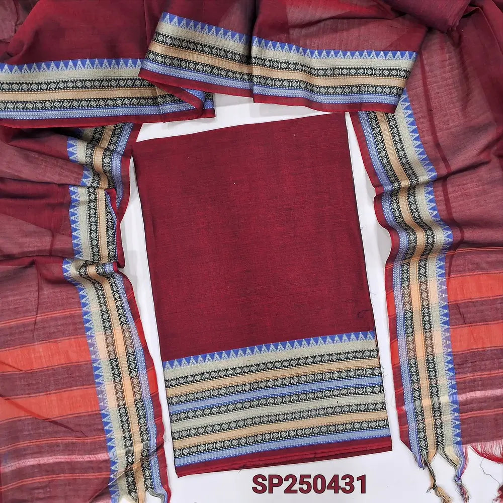 Maroon Dharwad mercerized handloom cotton unstitched salwar material, thread weaving design on daman(lining needed)matching handloom cotton bottom, Dharwad mercerized handloom cotton dupatta with borders. CODE SP250431