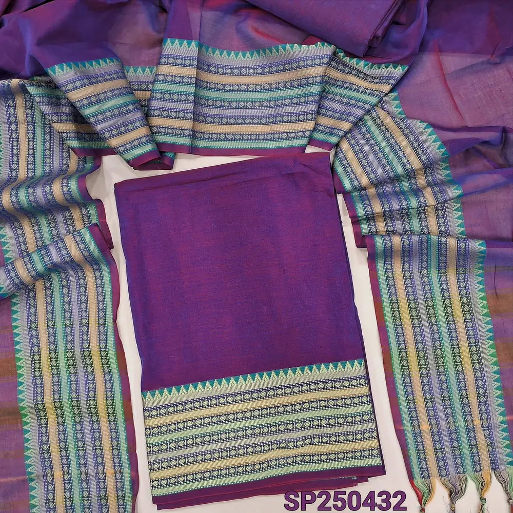 Dual shaded purple Dharwad mercerized handloom cotton unstitched salwar material, thread weaving design on daman(lining needed)matching handloom cotton bottom, Dharwad mercerized handloom cotton dupatta with borders. CODE SP250432