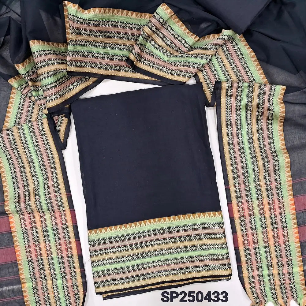 Black Dharwad mercerized handloom cotton unstitched salwar material, thread weaving design on daman(lining needed)matching handloom cotton bottom, Dharwad mercerized handloom cotton dupatta with borders. CODE SP250433