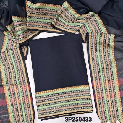 Black Dharwad mercerized handloom cotton unstitched salwar material, thread weaving design on daman(lining needed)matching handloom cotton bottom, Dharwad mercerized handloom cotton dupatta with borders. CODE SP250433