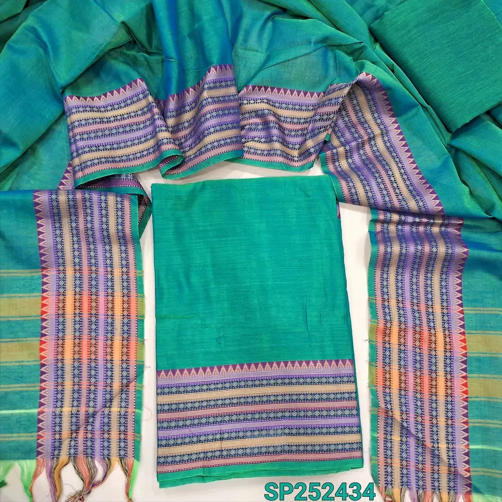 Turquoise green with blue tint Dharwad mercerized handloom cotton unstitched salwar material, thread weaving design on daman(lining needed)matching handloom cotton bottom, Dharwad mercerized handloom cotton dupatta with borders. CODE SP250434