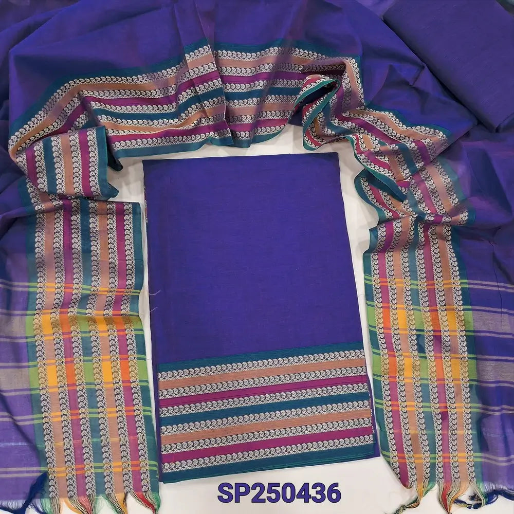 Purplish blue Dharwad mercerized handloom cotton unstitched salwar material, thread weaving design on daman(lining needed)matching handloom cotton bottom, Dharwad mercerized handloom cotton dupatta with borders. CODE SP250436