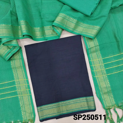 Navy blue mangalgiri pure handloom cotton unstitched salwar material(lining optional)turquoise green pure cotton bottom, handloom cotton dupatta with zari woven borders. CODE SP250511