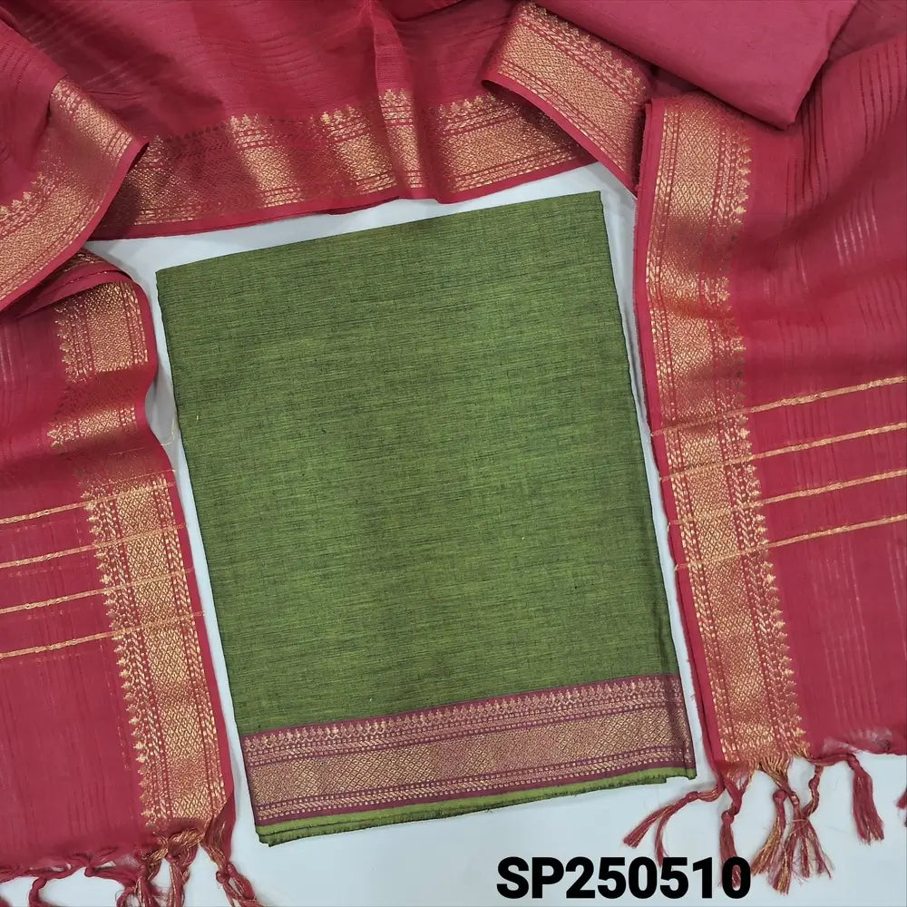 Mossy green mangalgiri pure handloom cotton unstitched salwar material(lining optional)red pure cotton bottom, handloom cotton dupatta with zari woven borders. CODE SP250510