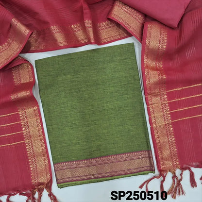 Mossy green mangalgiri pure handloom cotton unstitched salwar material(lining optional)red pure cotton bottom, handloom cotton dupatta with zari woven borders. CODE SP250510